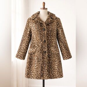 Vintage Leopard Print Faux Fur Coat Button Front Retro Glam Statement